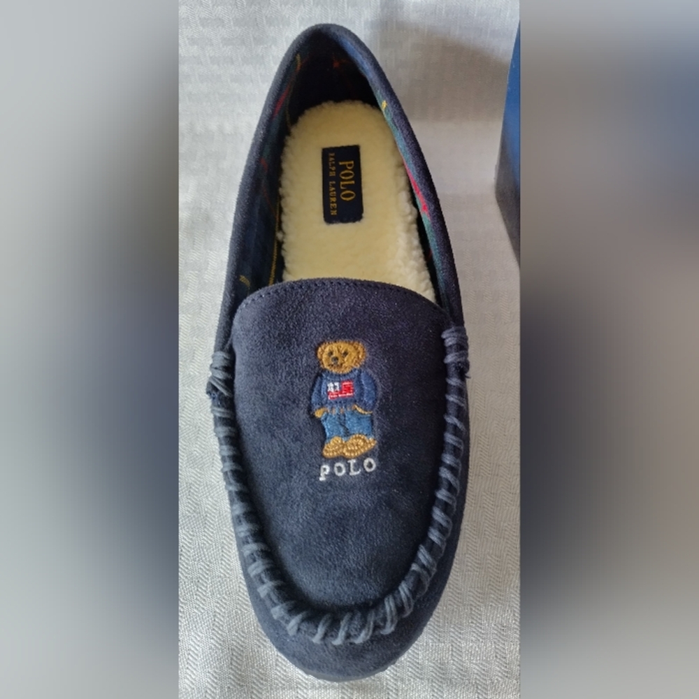 RALPH LAUREN Polo Bear Memory Foam Sherpa Slippers Moccasins Womens size 10 Navy - Picture 3 of 9